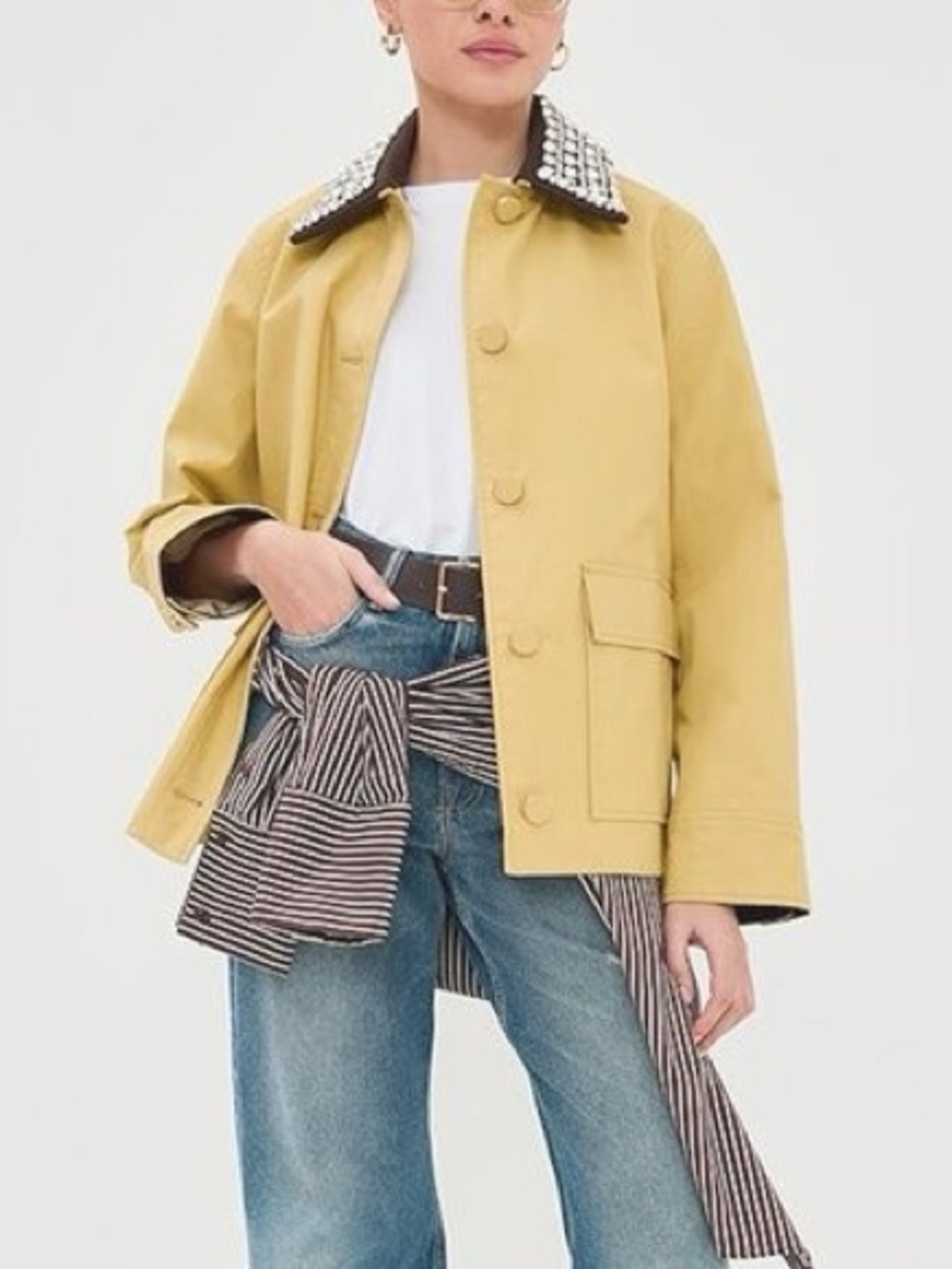 Veronica Beard Yellow Short Trench with Embellished Black Collar
